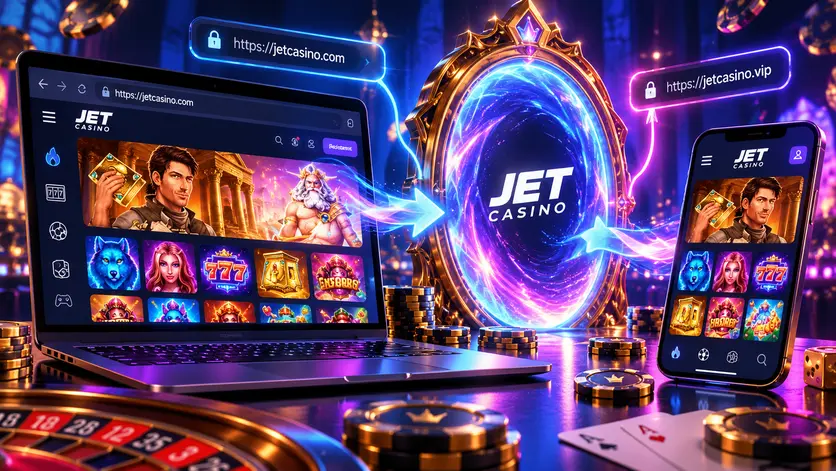 Ілюстрація дзеркала Jet казино: той самий сайт на ноутбуці й смартфоні через резервну адресу